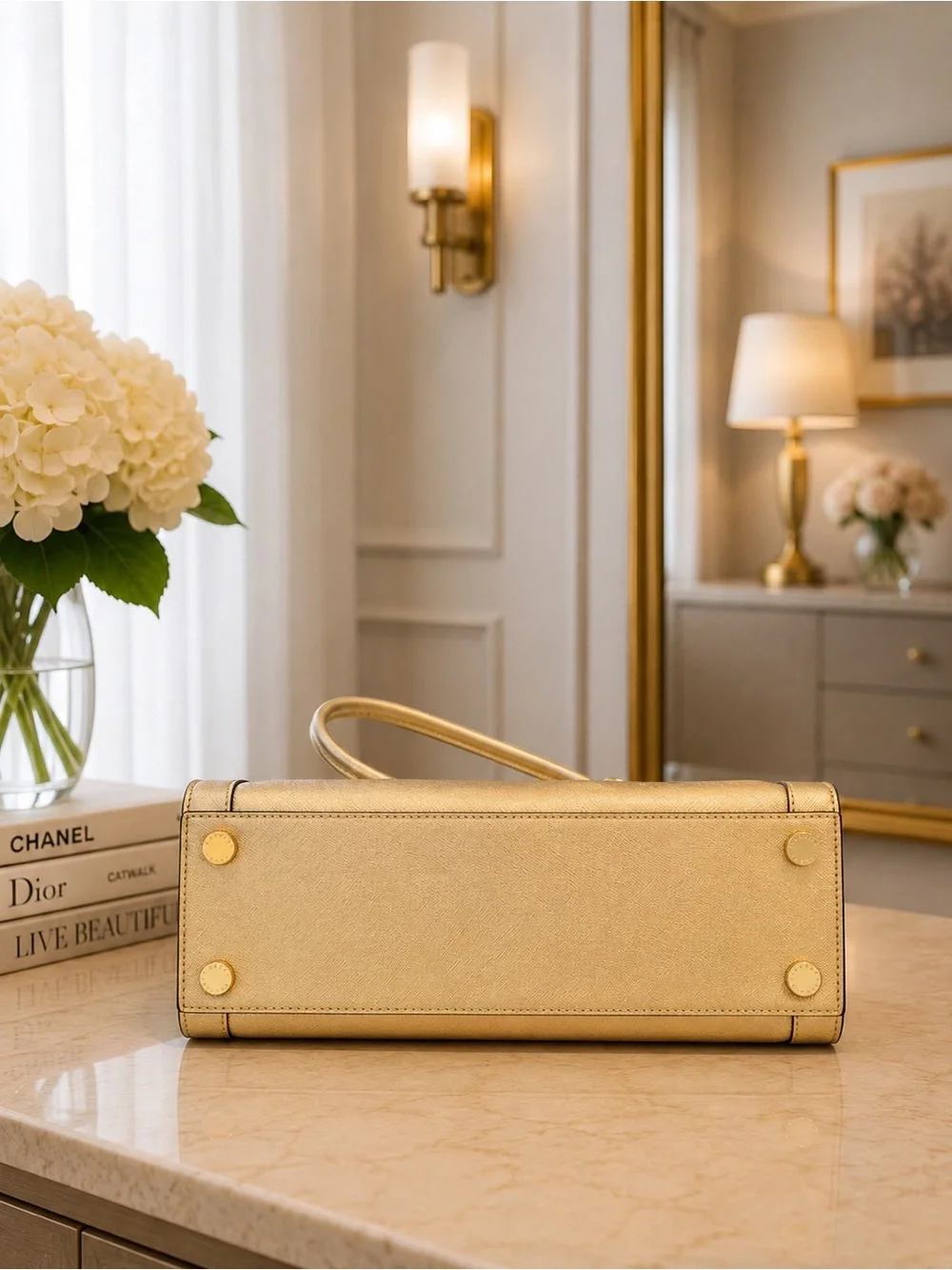 NWOT Michael Kors Dillon Large Top-Zip Satchel | Pale Gold Saffiano Leather